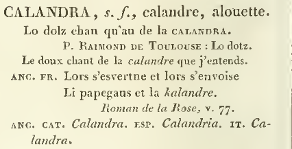 Calandra dans Raynouard